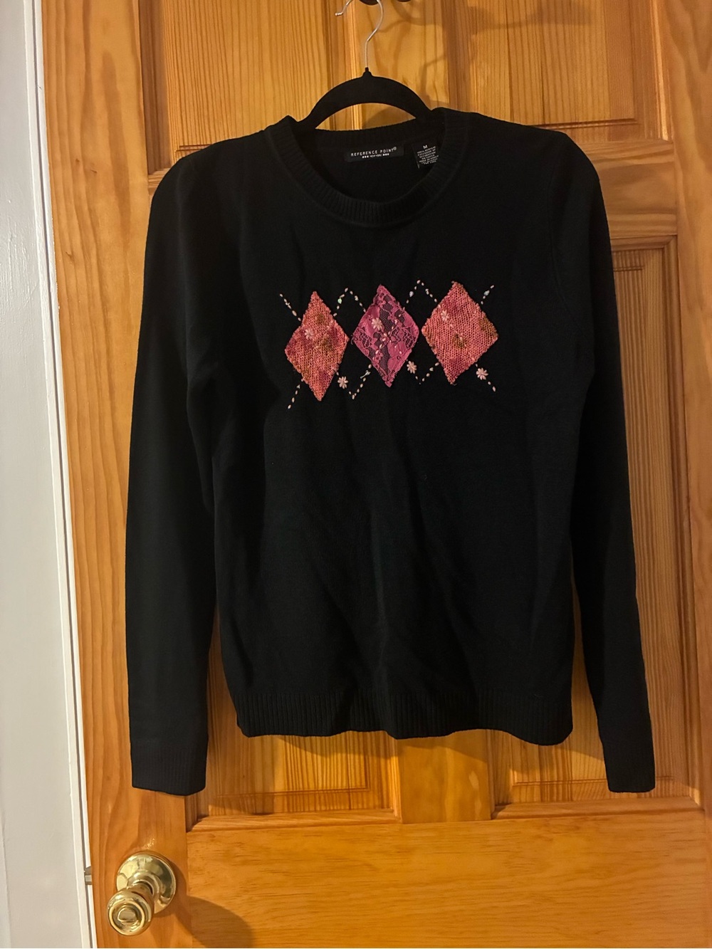 Reference Point Black Crewneck Sweater with Pink Argyle Sequin Detail